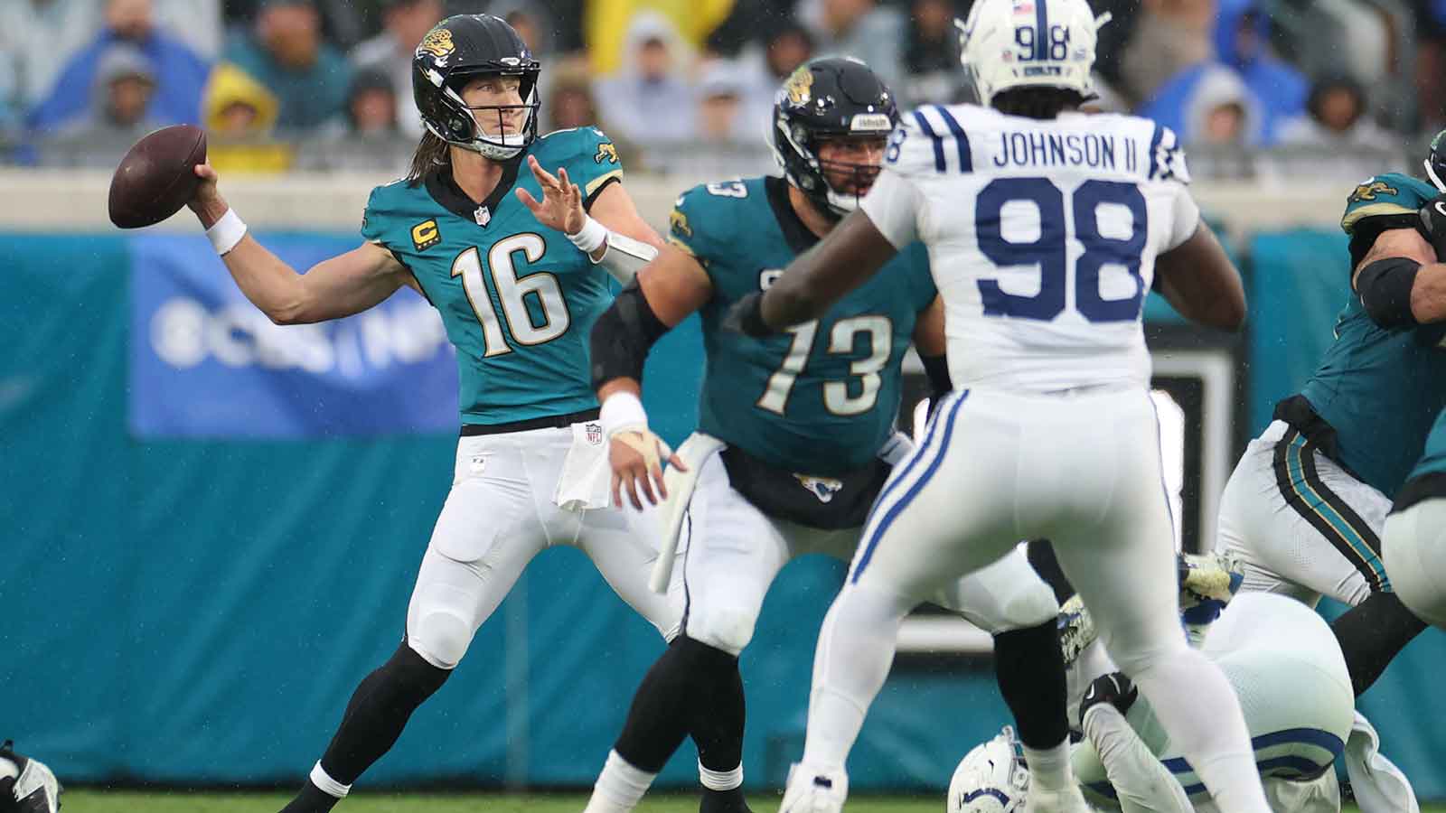 Jacksonville Jaguars quarterback Trevor Lawrence (16) throws downfield against the Indianapolis Colts during the second half at EverBank Stadium.