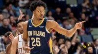 New Orleans Pelicans forward Trey Murphy III (25) reacts to making a three-point basket against the Phoenix Suns during the first half at Smoothie King Center.