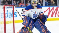Edmonton Oilers goaltender Tristan Jarry (35) follows the play against the Toronto Maple Leafs during the third period at Scotiabank Arena.