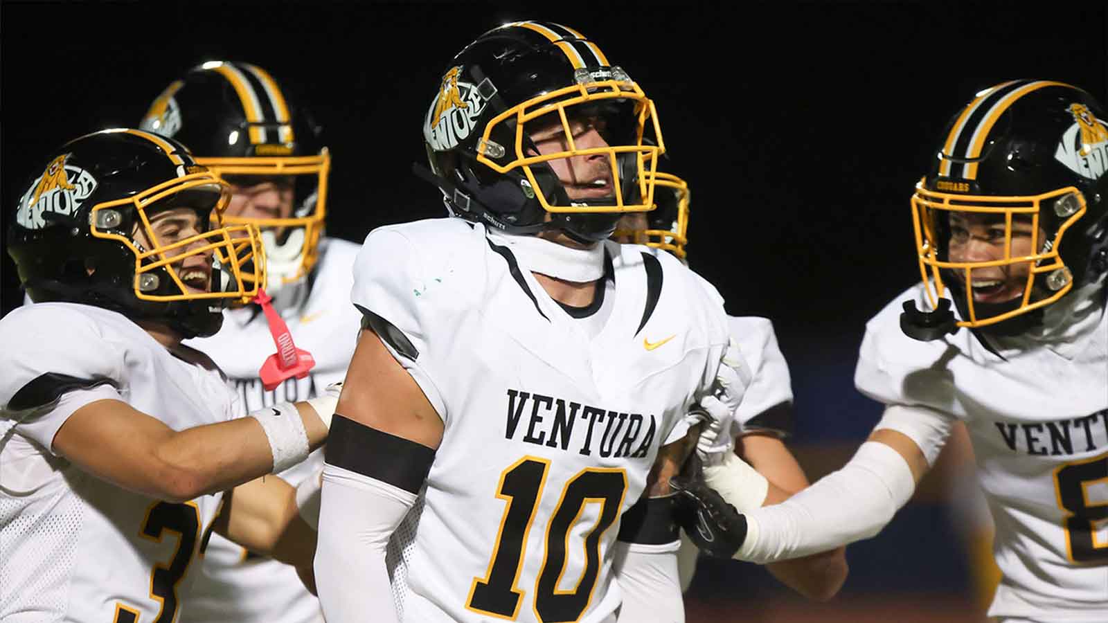 Ventura's Tristan Phillips celebrates after intercepting a pass to end Agoura's final drive of the game and seal the Cougars' 28-14 win in a CIF-Southern Section Division 6 semifinal game on Friday, Nov. 21, 2025, at Agoura High.