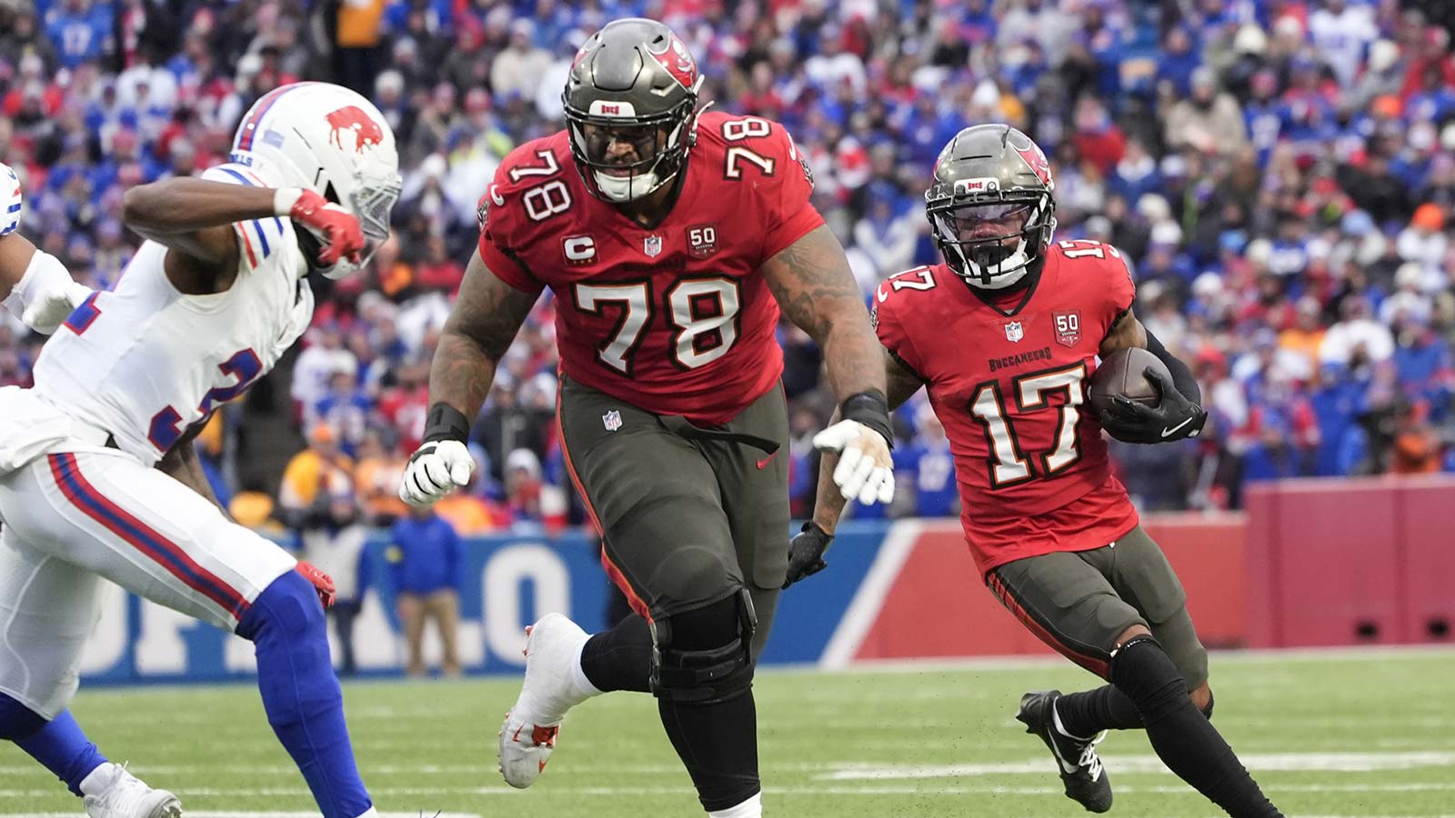 Tampa Bay Buccaneers offensive tackle Tristan Wirfs (78) blocks for wide receiver Sterling Shepard (17) against the Buffalo Bills during the third quarter of the game at Highmark Stadium.