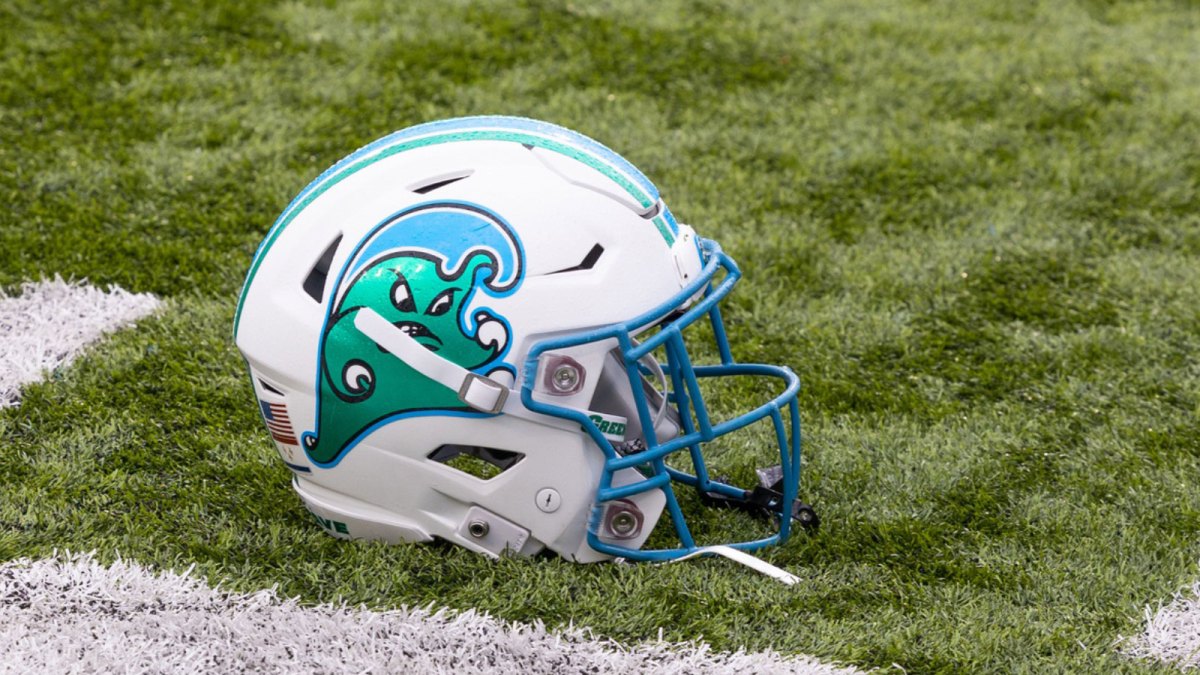 Tulane Green Wave helmet on the field against the UCF Knights during the first half at Yulman Stadium.