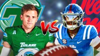 Jake Retzlaff with Tulane logo on the left, Trinidad Chambliss with Ole Miss logo on the right. VS in the middle