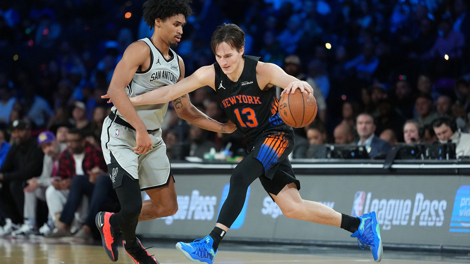 New York Knicks guard Tyler Kolek (13) dribbles the ball against the San Antonio Spurs during the Emirates NBA Cup Final at T-Mobile Arena. 