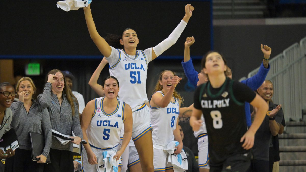 UCLA Bruins guard Charlisse Leger-Walker (5), center Lauren Betts (51) and guard Gianna Kneepkens (8) react on the bench after a basket during the second half against the Cal Poly Mustangs.