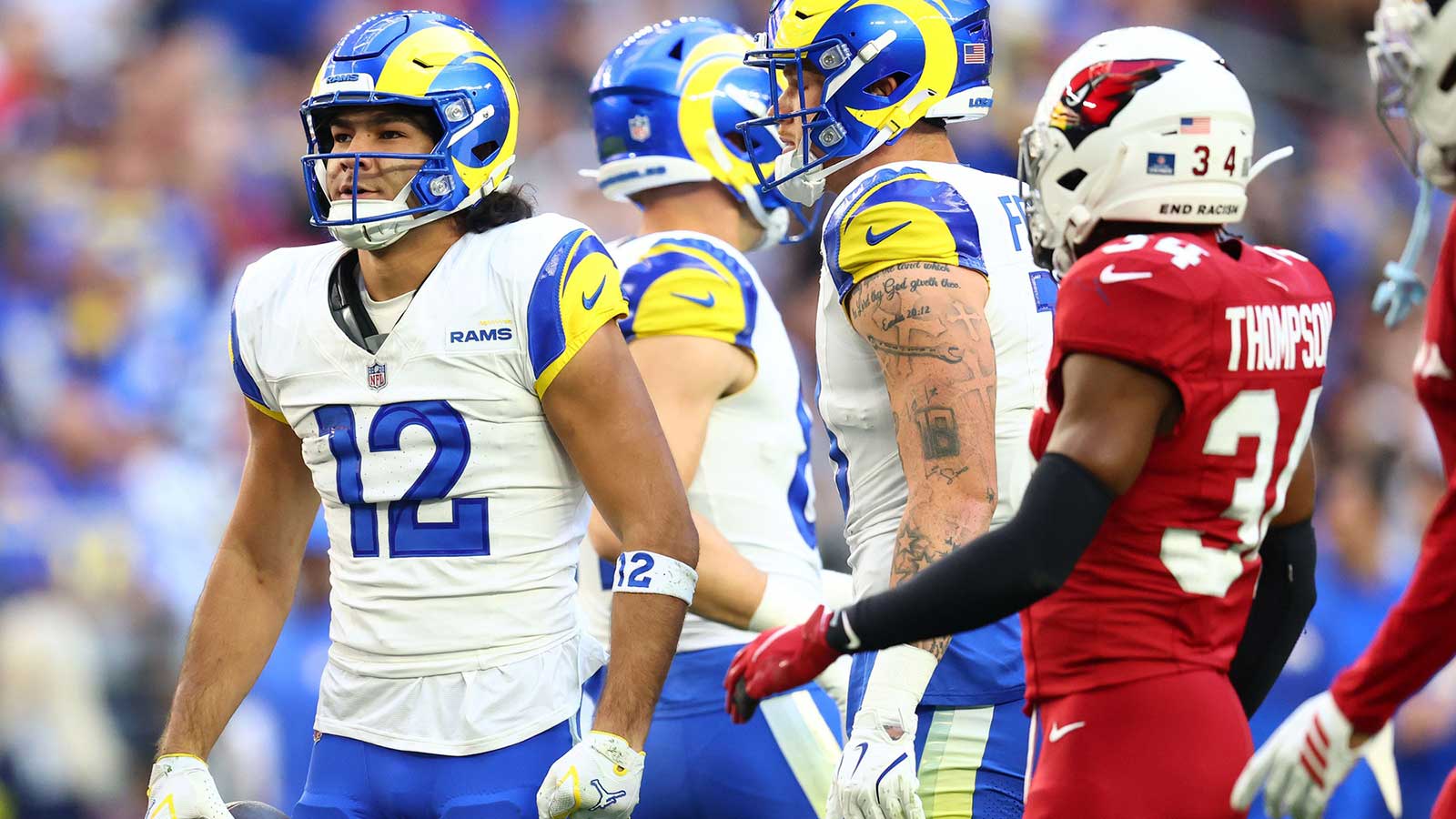 Los Angeles Rams wide receiver Puka Nacua (12) reacts during the first half at State Farm Stadium.