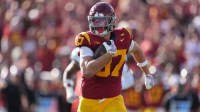 USC Trojans tight end Lake McRee (87) scores on a 62-yard touchdown reception against the Missouri State Bears in the first half at United Airlines Field at Los Angeles Memorial Coliseum.