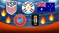 USMNT logo, Paraguay soccer logo, Australia logo, UEFA logo, 2026 World Cup logo, fire symbols