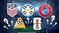 USMNT logo, Paraguay soccer logo, Australia soccer logo, UEFA logo, 2026 FIFA World Cup logo in background, question marks