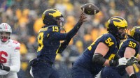 Michigan Wolverines quarterback Bryce Underwood (19) throws during the NCAA football game against the Ohio State Buckeyes at Michigan Stadium in Ann Arbor, Mich. on Nov. 29, 2025. Ohio State won 27-9.