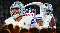 Dak Prescott and George Pickens. NFL Playoff logo in between