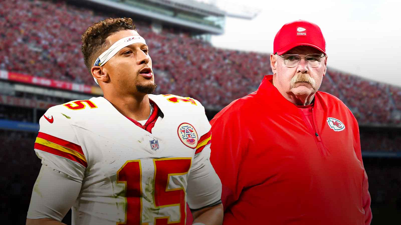 Patrick Mahomes and coach Andy Reid beside each other, GEHA Field at Arrowhead Stadium in the background