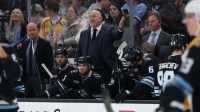 Utah Mammoth head coach Andre Trouigny reacts after a play against the Nashville Predators during the second period at Delta Center.