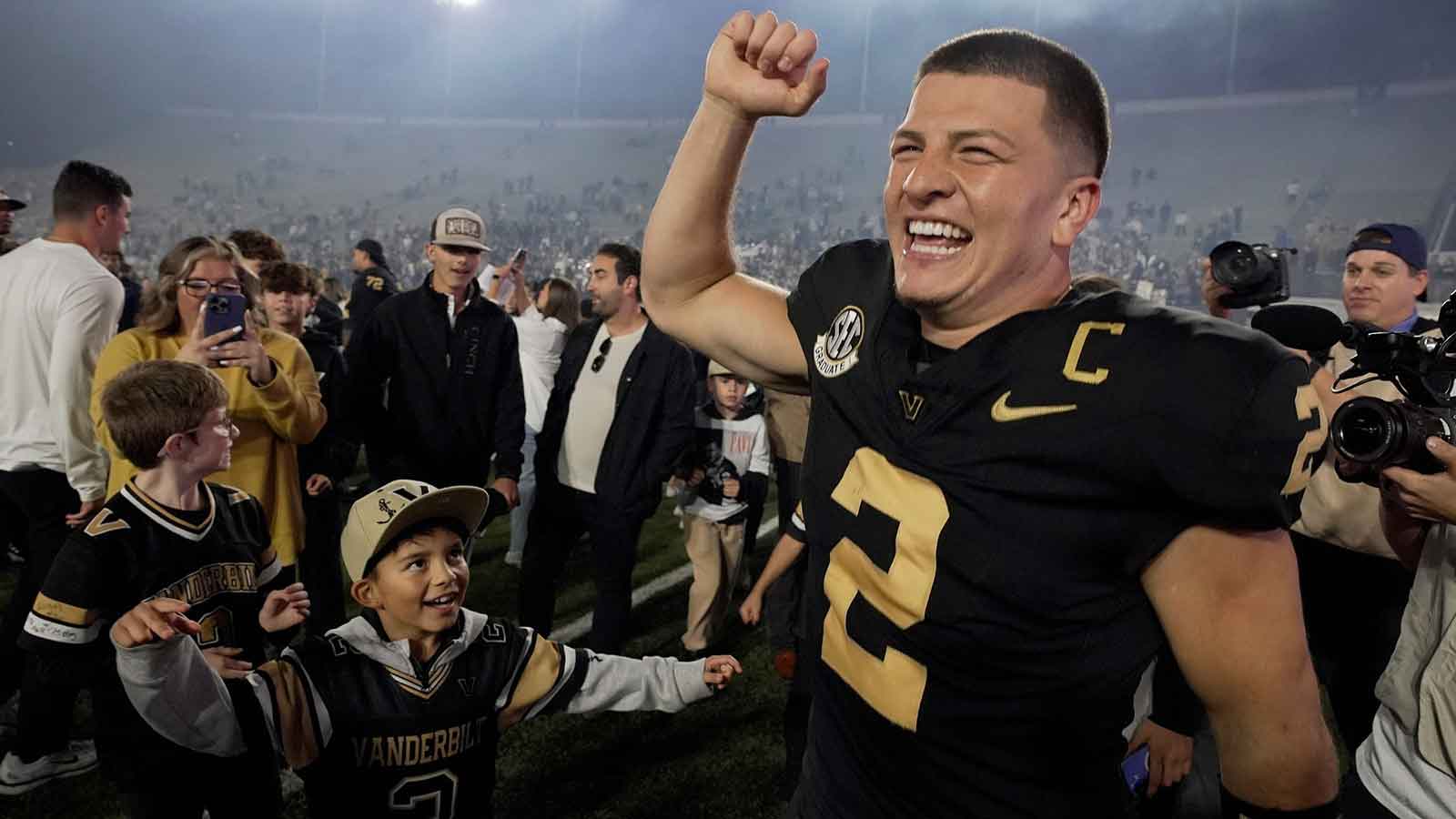 Vanderbilt quarterback Diego Pavia (2) celebrates after the team’s win Kentucky at FirstBank Stadium in Nashville, Tenn., Saturday, Nov. 22, 2025.