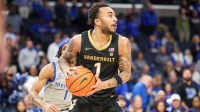 Vanderbilt Commodores guard Frankie Collins (1) looks to pass the ball against the Memphis Tigers during the second half at FedExForum.