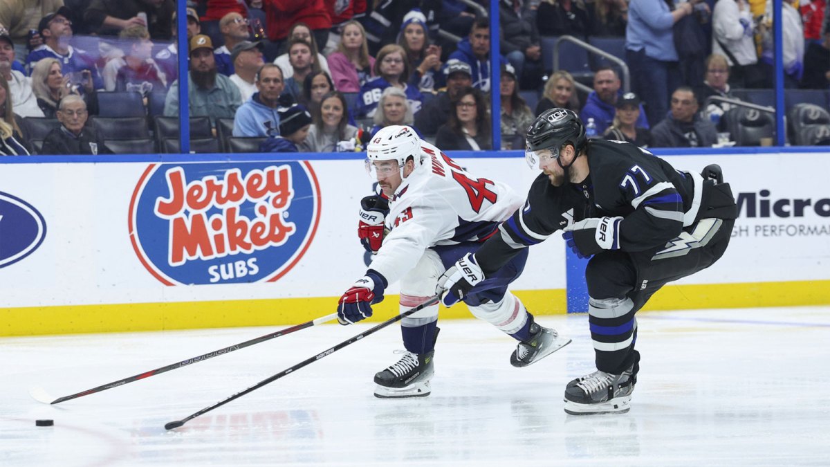 Tampa Bay Lightning defenseman Victor Hedman (77) and Washington Capitals right wing Tom Wilson (43) battle for the puck in the second period at Benchmark International Arena.