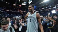 San Antonio Spurs guard Stephon Castle (5) celebrates after the game against the Oklahoma City Thunder at T-Mobile Arena.