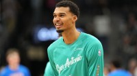 San Antonio Spurs forward Victor Wembanyama (1) before a game against the Oklahoma City Thunder at Frost Bank Center.