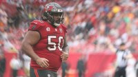 Dec 7, 2025; Tampa, Florida, USA; Tampa Bay Buccaneers defensive tackle Vita Vea (50) runs on the field during the fourth quarter against the New Orleans Saints at Raymond James Stadium.