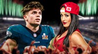 Philadelphia Eagles player Cooper DeJean and WWE Hall of Famer Nikki Bella with Lincoln Financial Field background.