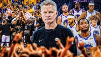 A solemn Steve Kerr front and center. On the left of him is the 2017 Warriors on the right looking happy and winning, on the right the current Warriors Draymond Green, Stephen Curry, Jimmy Butler, Moses Moody, Brandin Podziemski, and Jonathan Kuminga struggling and looking downtrodden