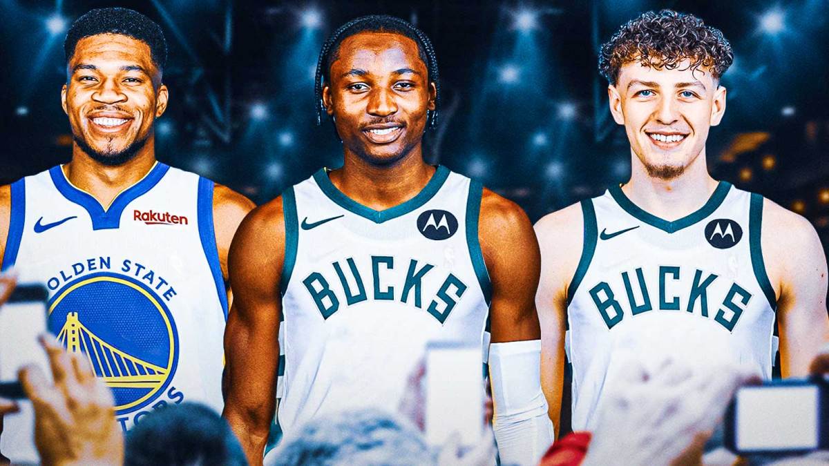Giannis Antetokounmpo in Warriors uniform, Jonathan Kuminga and Brandin Podziemski in Bucks uniform