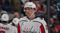 Washington Capitals center Dylan Strome (17) waits for play to resume against the San Jose Sharks in the second period at SAP Center in San Jose.