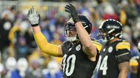 Pittsburgh Steelers linebacker T.J. Watt (90) reacts against the Buffalo Bills during the first half at Acrisure Stadium.