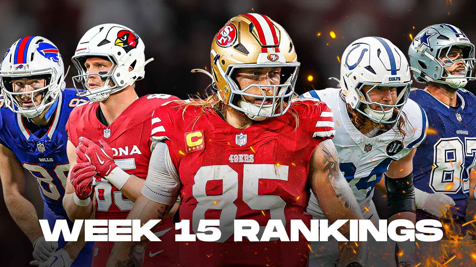 George Kittle, Trey McBride, Tyler Warren, Jake Ferguson, Dalton Kincaid all beside each other, Flames in the background