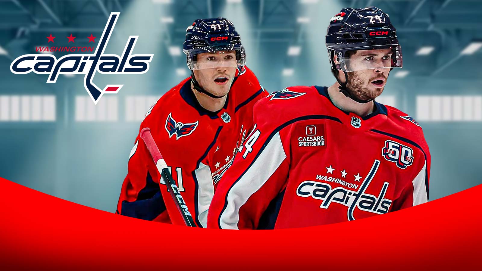 Connor McMichael, Ryan Chesley and the Caps logo in the background.