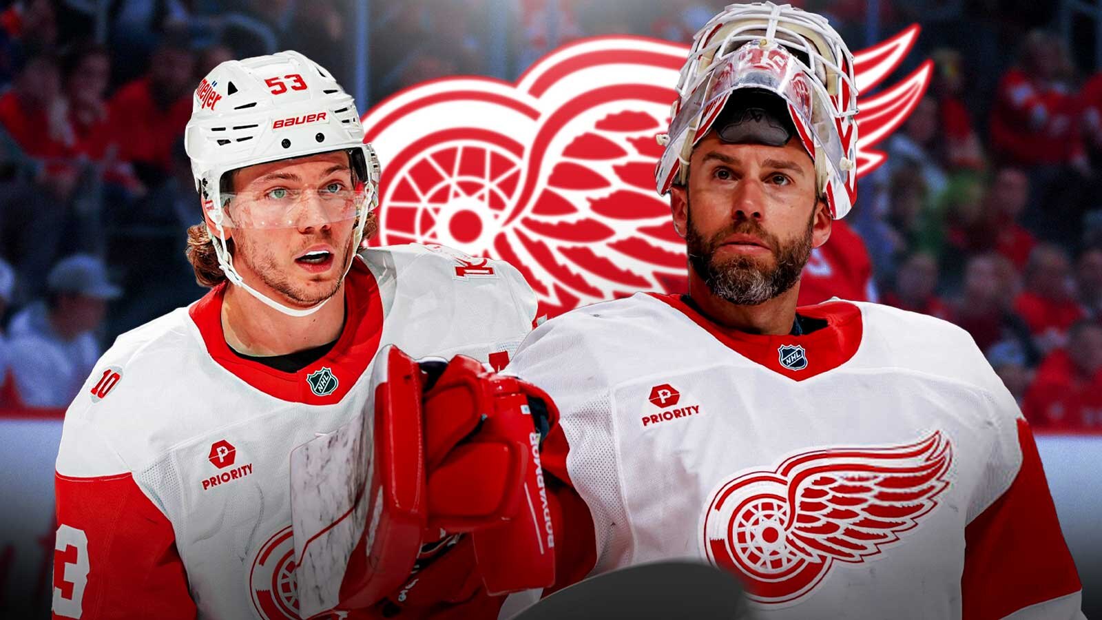 Cam Talbot and Moritz Seider with Red wings logo