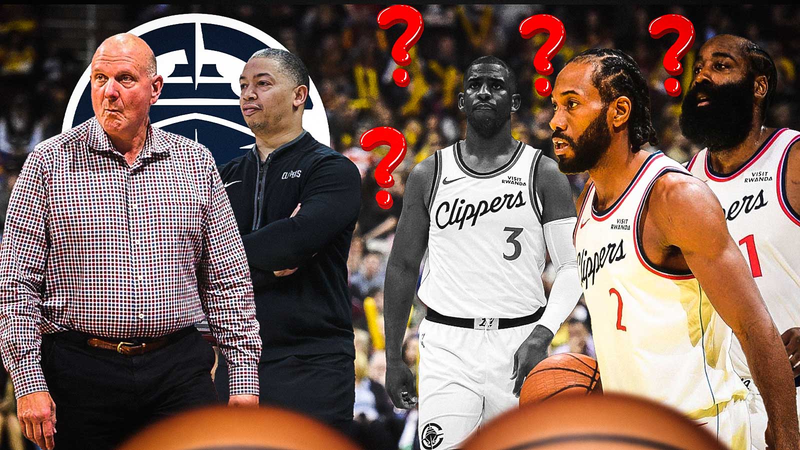 Clippers' Steve Ballmer with Ty Lue, James Harden, Kawhi Leonard, and Chris Paul in black and white.