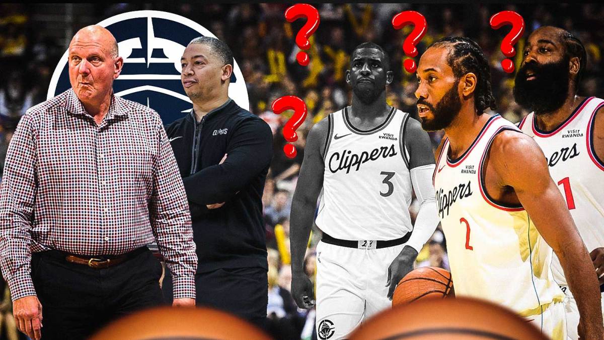 Clippers' Steve Ballmer with Ty Lue, James Harden, Kawhi Leonard, and Chris Paul in black and white.