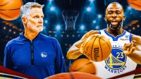 Draymond Green passing the ball with a bunch of basketballs going in different directions as Steve Kerr watches him