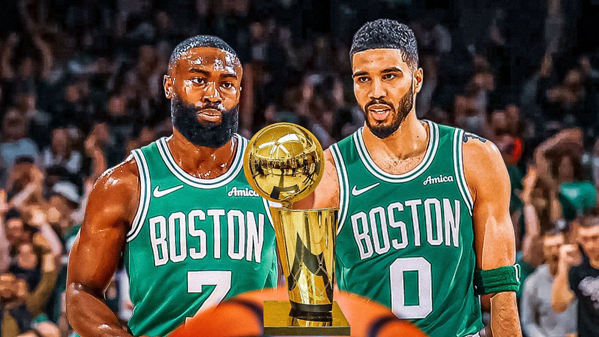 Graphic with Jaylen Brown and Jayson Tatum with the Larry O'Brien Trophy.