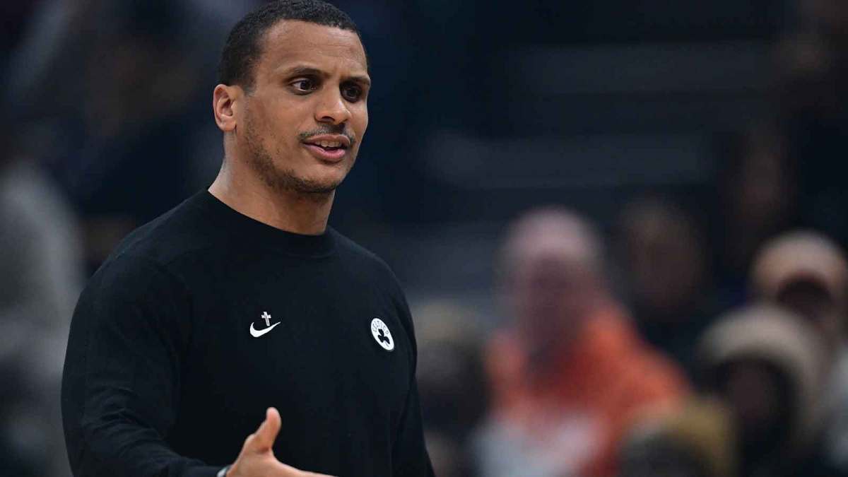 Boston Celtics head coach Joe Mazzulla reacts to a call on the floor during the first half Cleveland Cavaliers at Rocket Arena.