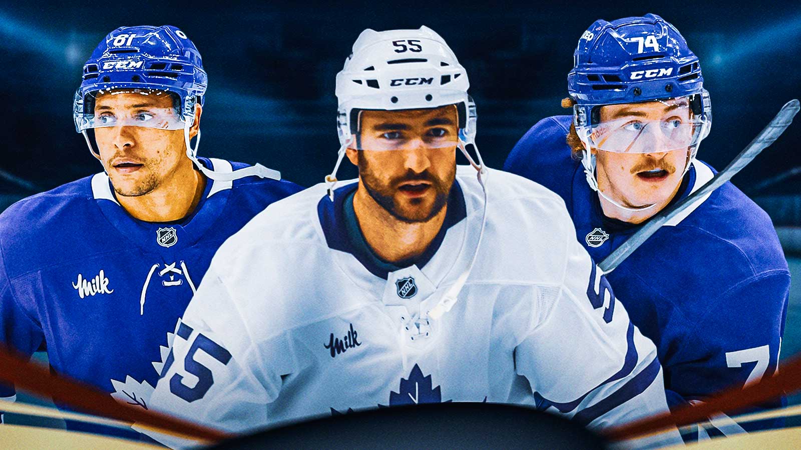 Dakota Joshua, Nicolas Roy, and Bobby McMann in Maple Leafs uniforms with Scotiabank Arena and Maple Leafs logo in the background