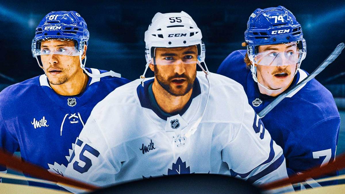 Dakota Joshua, Nicolas Roy, and Bobby McMann in Maple Leafs uniforms with Scotiabank Arena and Maple Leafs logo in the background