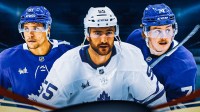 Dakota Joshua, Nicolas Roy, and Bobby McMann in Maple Leafs uniforms with Scotiabank Arena and Maple Leafs logo in the background