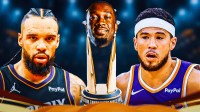 Phoenix Suns center Mark Williams's face on the NBA MVP trophy at the center of the image, with a background of the Suns home arena. Also Suns players Dillon Brooks and Devin Booker to Williams's left and right.