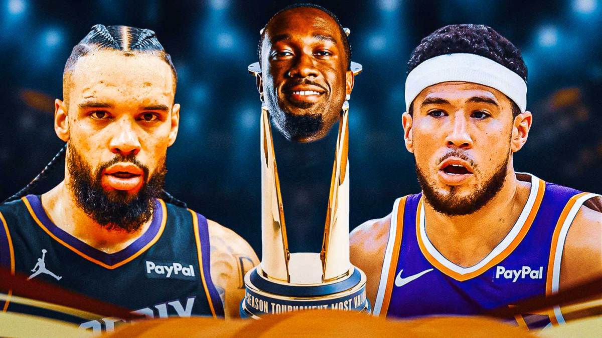 Phoenix Suns center Mark Williams's face on the NBA MVP trophy at the center of the image, with a background of the Suns home arena. Also Suns players Dillon Brooks and Devin Booker to Williams's left and right.