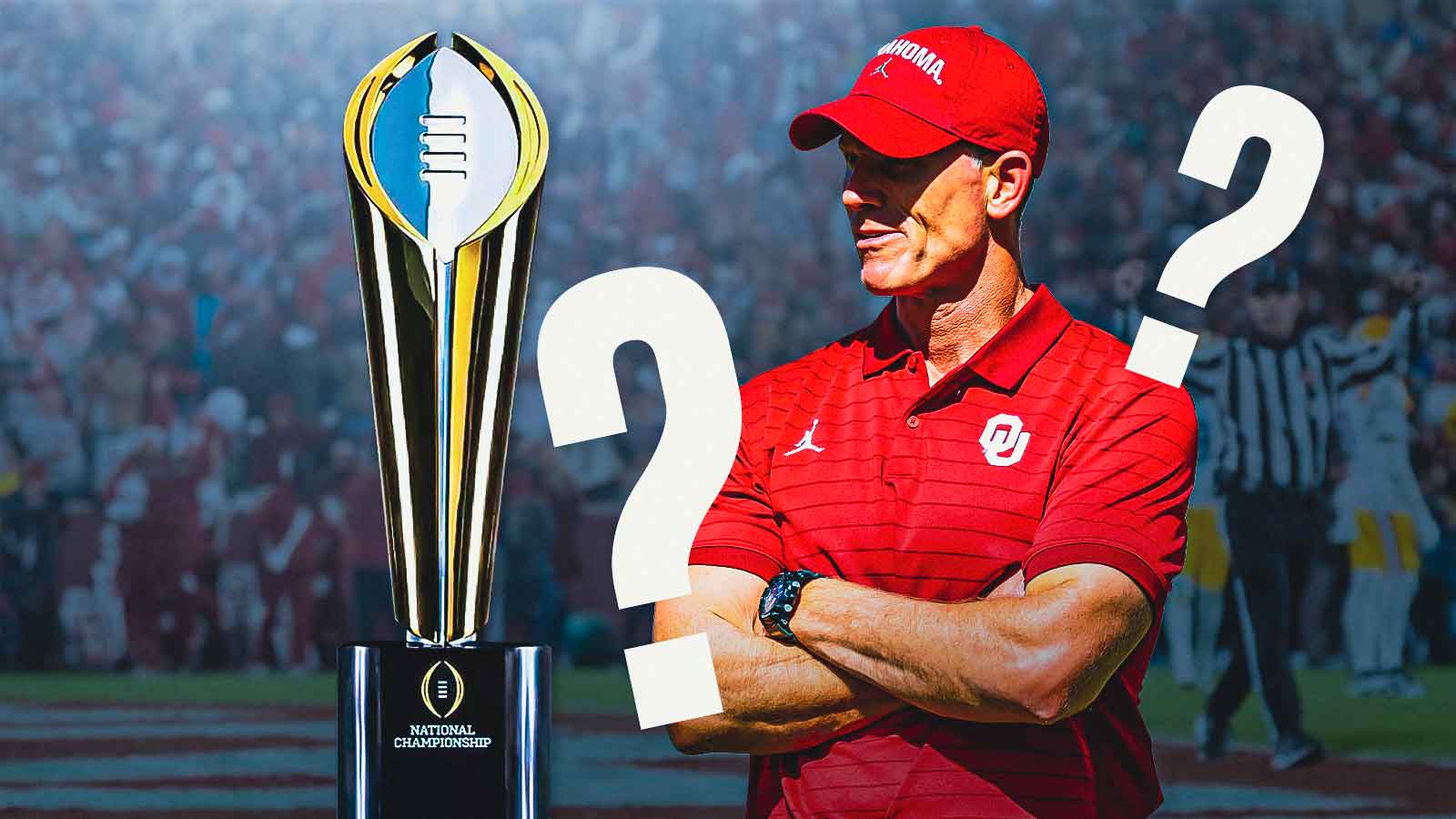 Show Oklahoma head coach Brent Venables standing on a darkened football field, arms crossed, gazing toward a brightly illuminated College Football Playoff trophy. Show a sense of separation and disappointment. can include question marks around