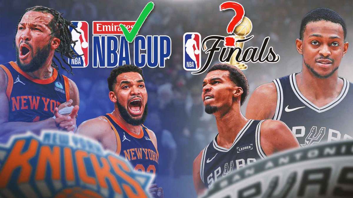 Victor Wembanyama, De'Aaron Fox, Jalen Brunson, Karl-Anthony Towns together. NBA Cup logo with a green check mark over it. NBA Finals logo with a question mark over it.