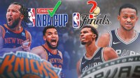 Victor Wembanyama, De'Aaron Fox, Jalen Brunson, Karl-Anthony Towns together. NBA Cup logo with a green check mark over it. NBA Finals logo with a question mark over it.