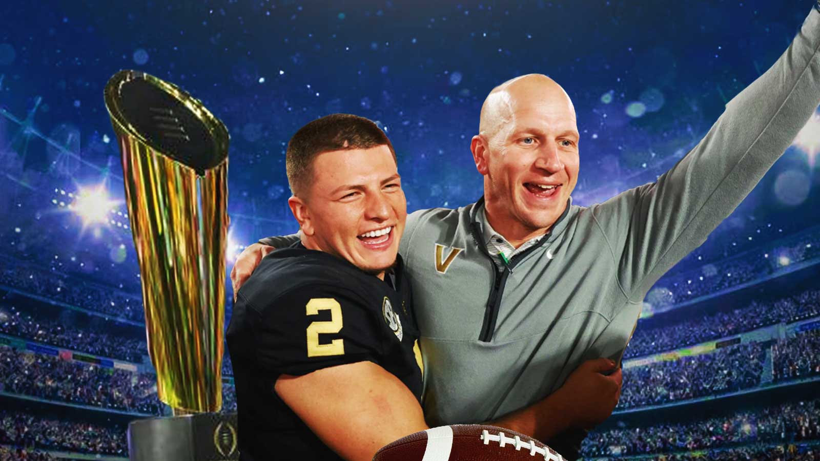 Clark Lea and Diego Pavia with CFP Trophy in the background.