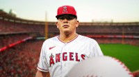 Ranger Suarez in an Angels jersey at Angel Stadium.