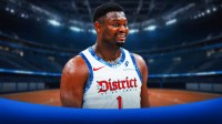 Zion Williamson smiles in a Wizards jersey