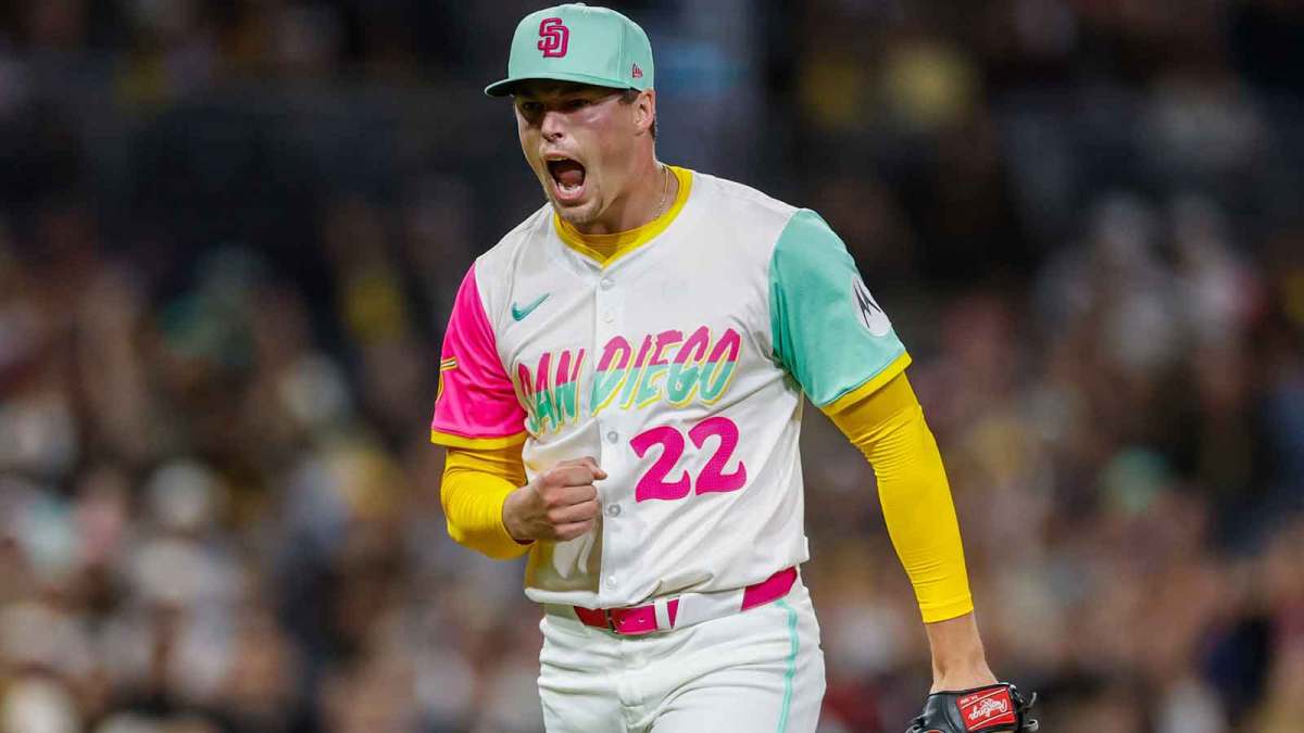 San Diego Padres relief pitcher Mason Miller (22) celebrates during the eighth inning Arizona Diamondbacks at Petco Park.