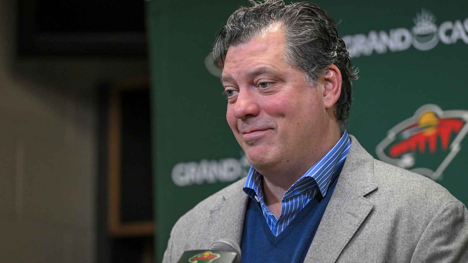 Minnesota Wild general manger Bill Guerin addresses the media about acquiring defensemen Quinn Hughes via trade from the Vancouver Canucks before a game against the Ottawa Senators at Grand Casino Arena.