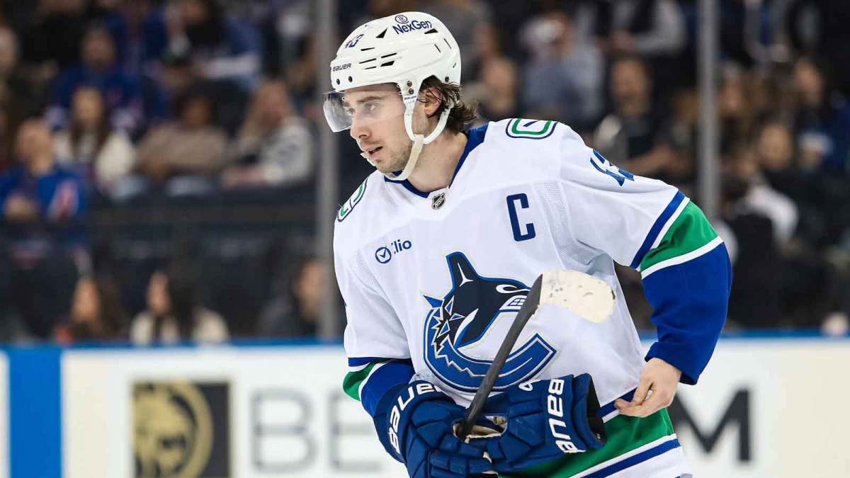 Vancouver Canucks defenseman Quinn Hughes (43) skates against the New York Rangers during the second period at Madison Square Garden.